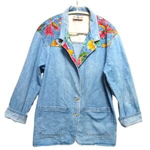 Vintage 80s 90s American Dungaree chambray denim jacket floral tapestry womens L
